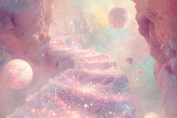 Sparkling pastel steps winding through a surreal canyon with planets and glowing cosmic mist.