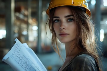 Young female construction engineer in yellow hard hat reviewing blueprints at industrial site, with confident expression and professional demeanor.