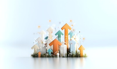Fototapeta premium Colorful upward arrows rising above modern city skyline with skyscrapers on white background, representing business growth and urban development progress.
