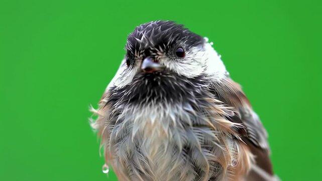 Close-up of a small, wet bird with ruffled feathers and visible water droplets, isolated against a vibrant green background, showcasing its unique ...
