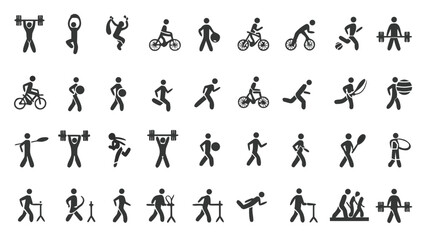Collection of black vector sport silhouettes, including fitness, running, yoga, and tennis figures for men and women