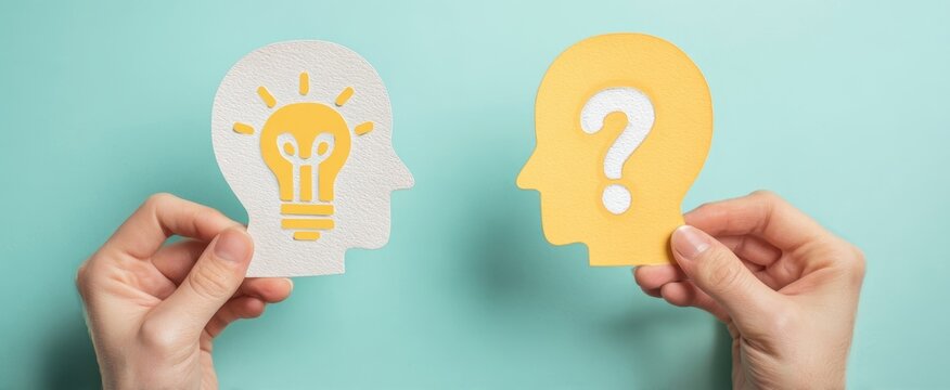 The creative process represented through hands holding lightbulb and question mark cutouts.