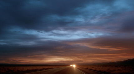 Car Headlights Illuminating a Dark Road Under a Dramatic Sunset Sky
