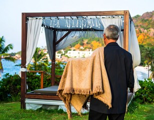 Man in suit carries blanket toward a beachfront gazebo