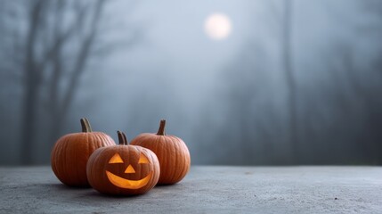 Eerie moonlit pumpkins glow mischievously in misty embrace, invoking Samhain spirit and pumpkin spice whispers of autumnal folklore