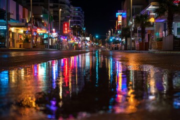 Obraz premium Night city street after rain with neon storefront reflections on wet asphalt