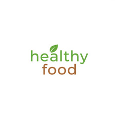 Fototapeta premium Logo design featuring the words 'healthy food' in green and brown colors with a leaf accent. Represents nutrition and wellness concepts.