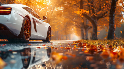 Through the Amber Woods. A luxury car journey under a canopy of fire