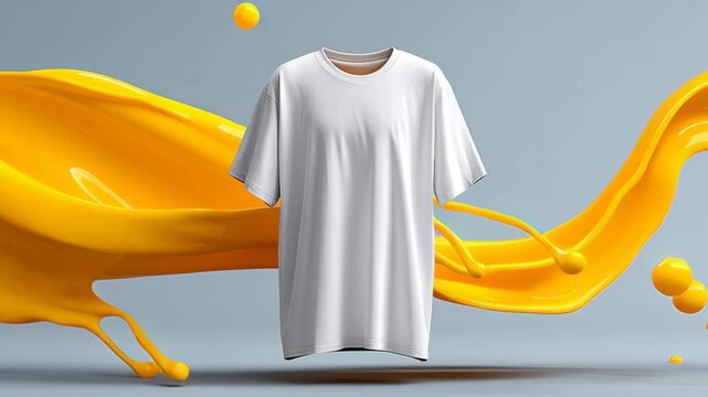 White t-shirt mock up floating against vibrant yellow paint splash background, showcasing a creative design space for apparel branding and marketing, ideal for fashion and merchandise presentations
