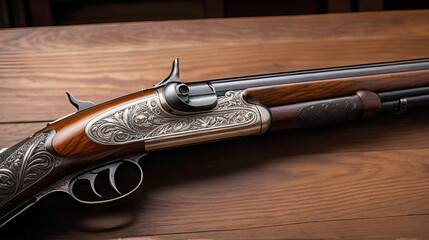 Winchester Model 1851 shotgun resting on a wooden table, showcasing intricate engravings and a polished barrel under soft, natural light.
