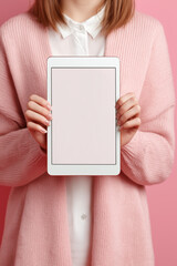 Young adult holding tablet with empty white display, fashionable modern outfit in pastel tones, perfect intact fingers