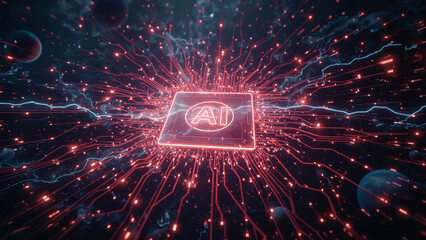 AI Abstract background of future technology concept. Digital business solutions, web interface with glowing circle. Innovative tech design circuit board lines with data flow, digital transformation