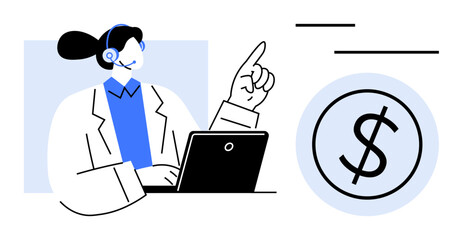 Professional with headset gestures while working on a laptop, emphasizing financial success. Ideal for customer support, consulting, e-commerce, finance, communication, education, simple flat