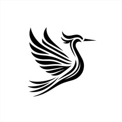Obraz premium Elegant black stylized bird silhouette in flight against white background