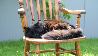 Black cat naps in wooden chair outdoors