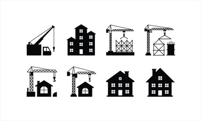 Collection of diverse home and building icons in silhouette style
