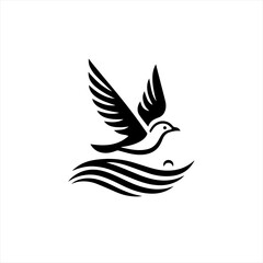 Fototapeta premium Stylized black bird flying over wavy water with a small circle