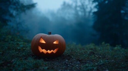 Misty twilight engulfs a grinning jack-o'-lantern, embodying Samhain mystery and All Hallows' Eve enchantment, amid eerie woodland whispers