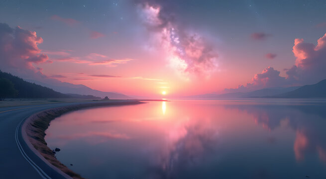 Serene Pink Sunset over Calm Lake, Mountain Road, Dreamy Sky Reflection