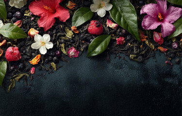 Banner to advertise Fragrant Tea, a blend of gourmet black and green tea with berry and fruit pieces, flower petals and light smoke aroma, banner with copy space. dark background color.