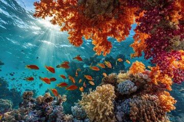 Vibrant coral reef teeming with fish under sunlit water (4)