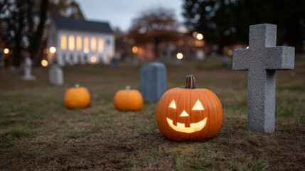 A glowing jack-o'-lantern grins mischievously in a moonlit graveyard, celebrating Samhain and Dia de los Muertos mysteries