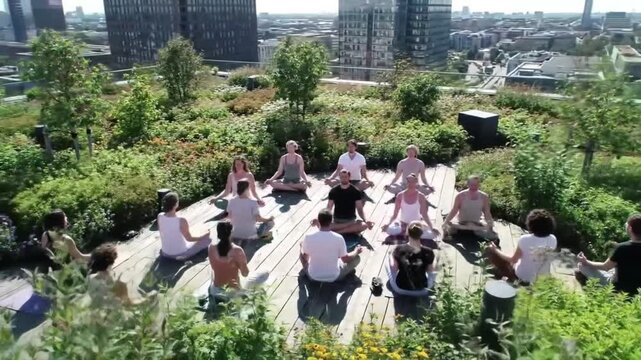 Serene morning yoga session with a diverse group on a green city rooftop, promoting mindfulness and well-being