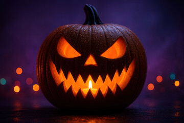 Sinister Jack-o'-lantern with an evil grimace glowing in the dark