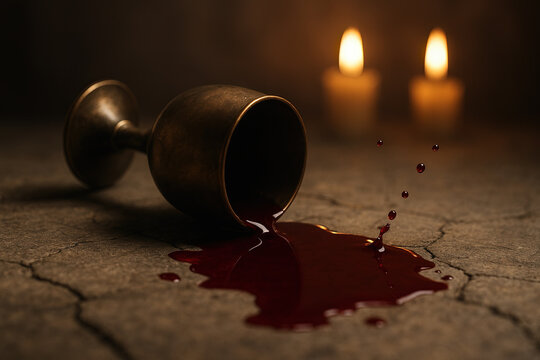 A dark vintage goblet spilled on a cracked surface with red liquid and candles