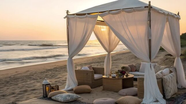 Cozy beach picnic setup with fabric tent. white curtains. plush sofas. and soft cushions
