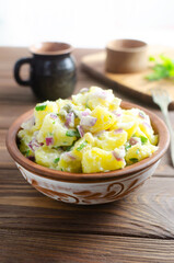 Cold potato salad with purple onion, gherkins and parsley in a ceramic bowl on a wooden table. Traditional German dish concept. Rustic style. Selective focus. Vertical orientation.