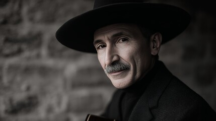 Elderly Hispanic man in wide-brim hat, timeless wanderer vibe, Dia de los Muertos eve, Solstice storyteller by twilight