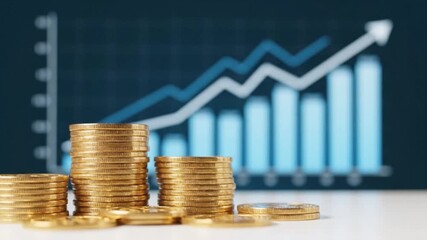Stacks of gold coins in front of a blurred financial chart with a rising arrow, symbolizing investment growth and economic success