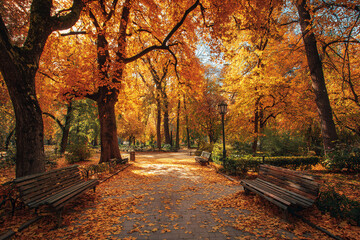 Naklejka premium Autumn park with a carpet of golden leaves, wooden benches along a winding path, soft sunlight filtering through orange and red foliage