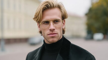 Fototapeta premium Blond Caucasian male in sleek autumn attire and chic spectacles, embodying Hygge warmth and Festima street style essence
