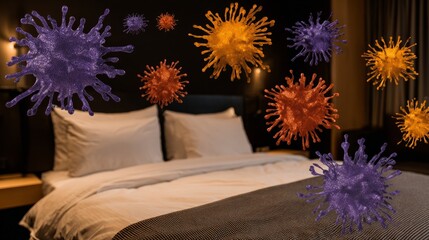 A cosmic dance of vibrant viruses hovers above a pristine bed, evoking thoughts of National Clean Your Room Day