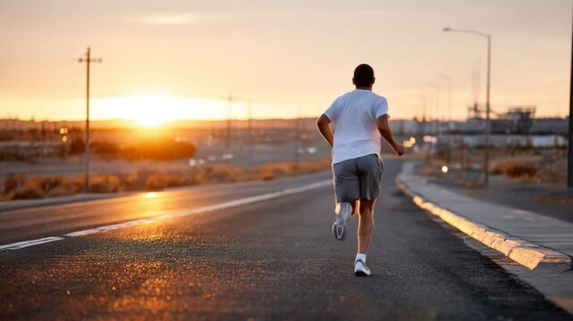 Solitary Runner Against the Dawn: A lone runner is captured in silhouette against a vibrant sunrise, traversing an open road towards a new day.