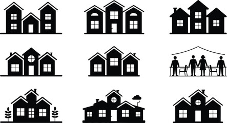Fototapeta premium Diverse family and community icons featuring houses and people in silhouette