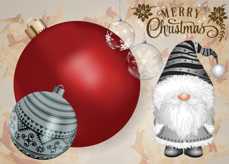 A lovable gnome standing near holiday baubles.