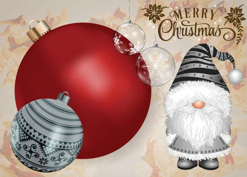 A lovable gnome standing near holiday baubles.