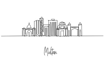 Multan, Pakistan city skyline depicted as a single line drawing, merging Sufi shrines, mausoleums and modern towers; a minimalist vector concept celebrating Punjab architecture, culture and travel.