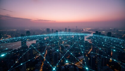 Fototapeta premium Urban Landscape at Dusk with Network Connectivity and Digital Overlay Effect