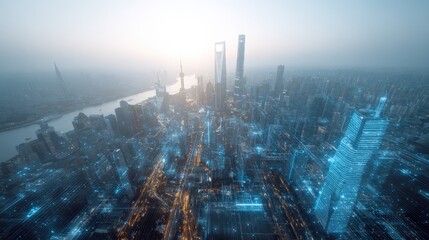 Futuristic Cityscape with Digital Overlay: Aerial View of a Modern Metropolis at Twilight