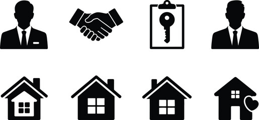 Comprehensive real estate agent icon set featuring a silhouette of a house and key symbols