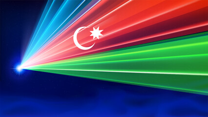 Laser flag of azerbaijan. Multicolor laser show on dark blue background. Template of banner, poster for national holiday of azerbaijan. Place for text. State patriotic banner. Copy space. Vector