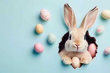 Obraz premium Adorable bunny rabbit peeking through hole with pastel Easter eggs scattered on light blue background, festive spring holiday composition.