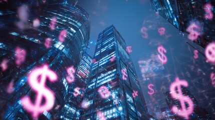 Obraz premium Skyscrapers Under Night Sky Displaying Currency Symbols: Finance, Investment, and Modern Business Concepts