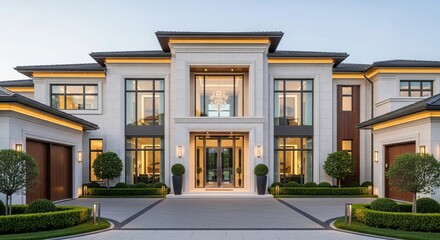 Majestic luxury home featuring grand windows, meticulously manicured greenery and an opulent