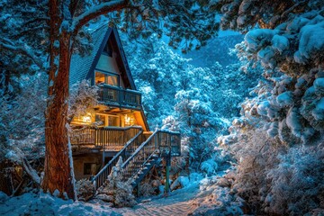 Snowy cabin nestled in winter forest