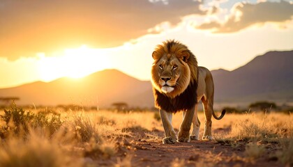 Majestic male lion walking towards the viewer at sunset in a savanna landscape